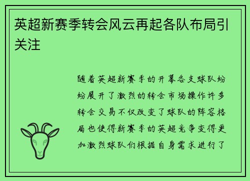 英超新赛季转会风云再起各队布局引关注 英超新赛季转会风云再起各队布局引关注
